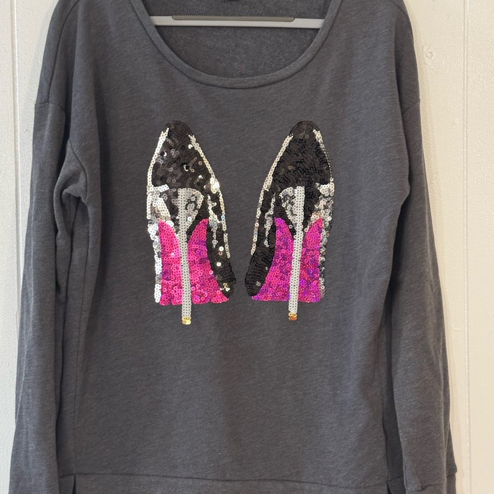 Juicy Couture Sequin High Heels Gray Long Sleeve Shirt Size XL